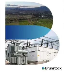 Das B-Symbol aus dem Brunstock-Logo mit einer Schweizer Stadt in der oberen Hälfte und einem Transformator in der unteren Hälfte.