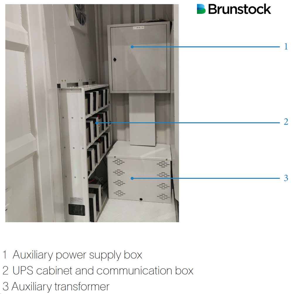 Auxiliary power supply consists of auxiliary transformer, auxiliary power supply box<br />
and UPS. Both the external and internal components of the cabinet can be supplied<br />
by Brunstock.