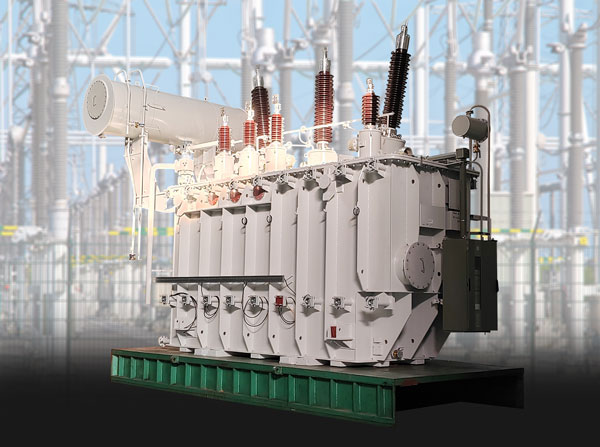 Power transformer with substation in the background