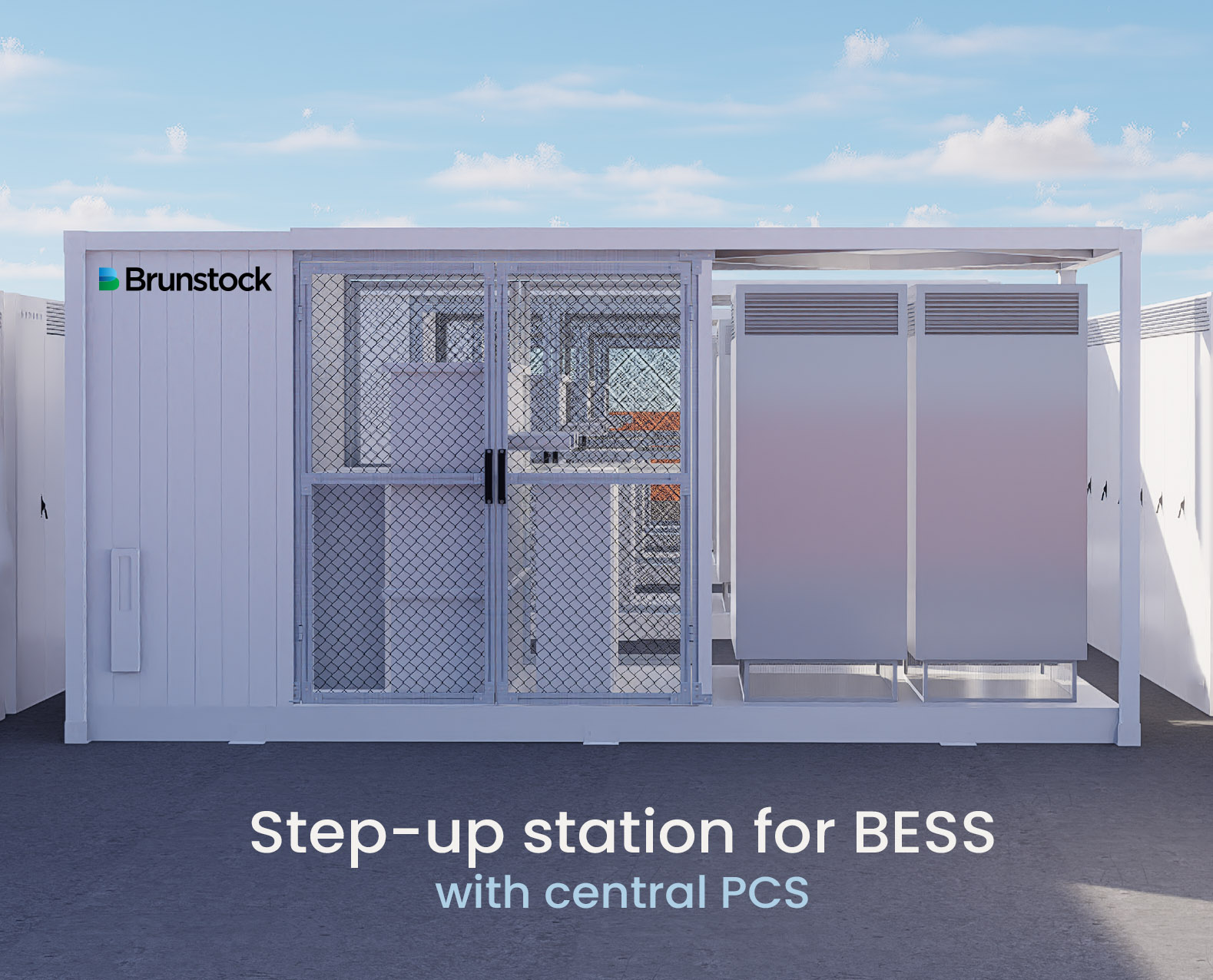 A 3D render of a Brunstock step-up transformer skid station for BESS, with central PCS