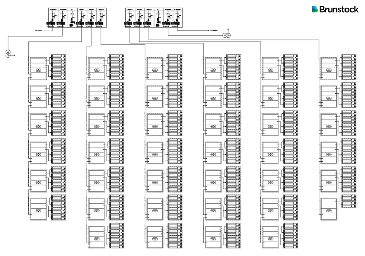 A diagram of many step-up transformer stations attached to  BESS batteries.