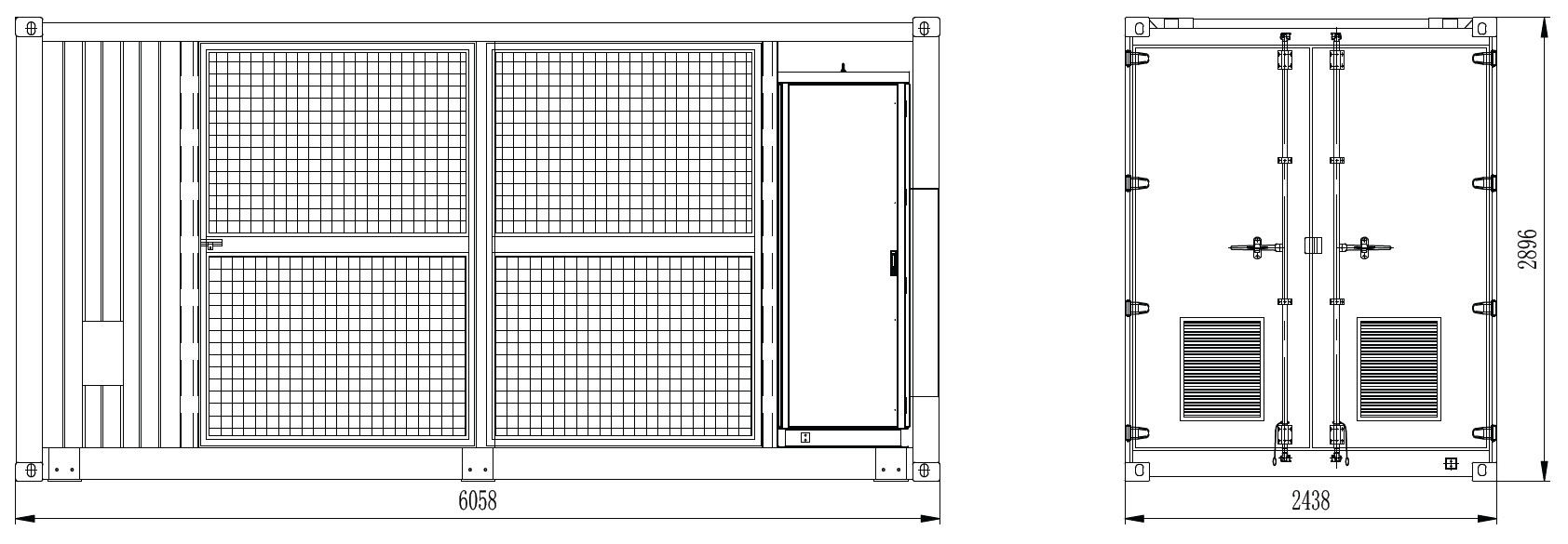 A diagram of a step-up transformer station designed at the size of a standard shipping container.