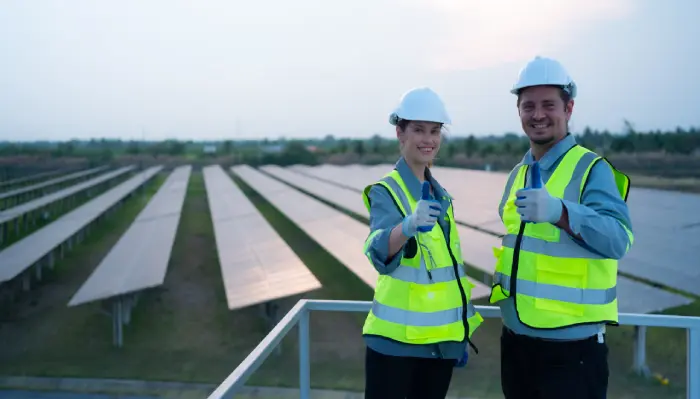 Renewables power system engineers with high visibility vests visiting a solar farm