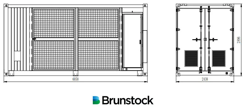 Exterior dimensions diagram of a  photovoltaic (PV) step-up station on a skid foundation for solar power plants