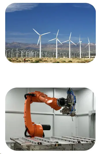 Wind farm and robotic arm in factory making switchgear