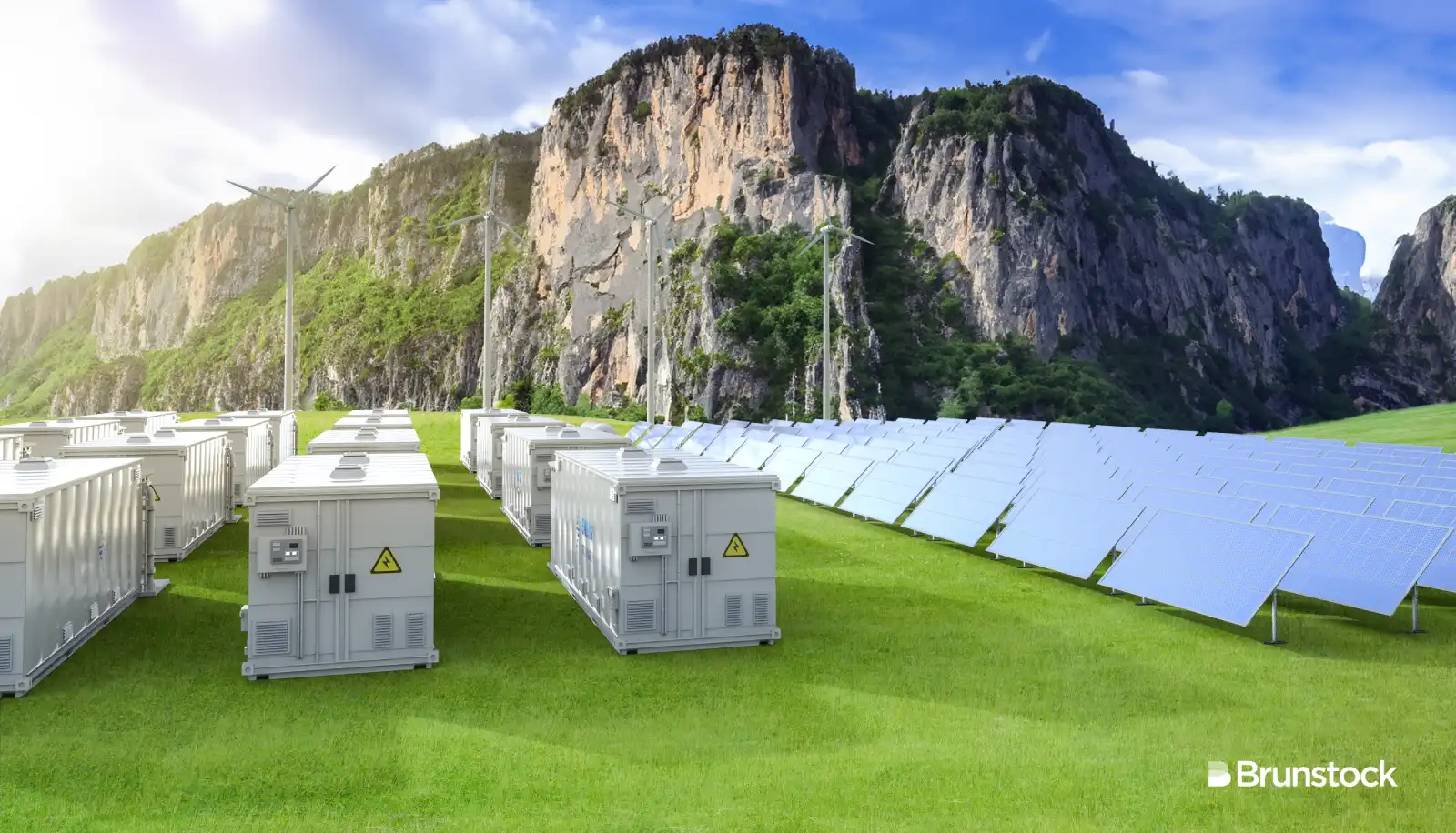 A renewable energy plant with wind, solar panels and energy storage containers in front of some limestone mountains