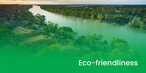 A pristine Australian river with green gradient and word 'Eco-friendliness' overlaid