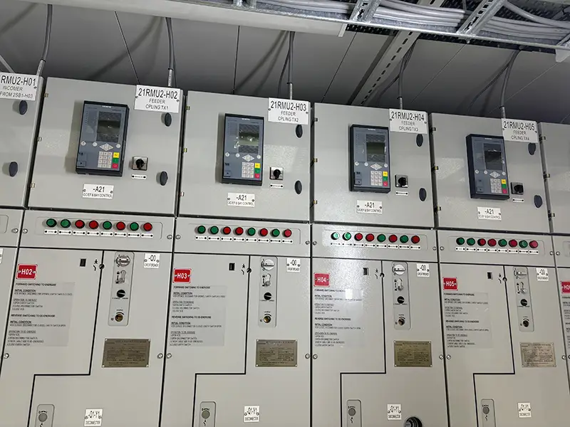 Switchgear close up view medium voltage inside an electrical enclosure