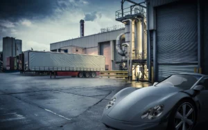 A fancy car outside a grey building.