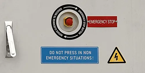 Close up of the Emergency stop button on containerised BESS DC block
